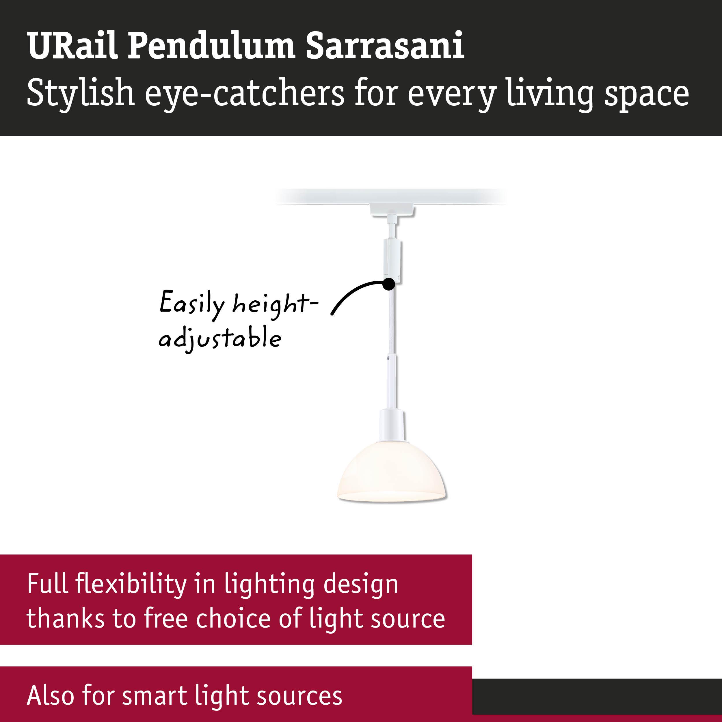 White URail Pendulum Sarrasani pendant light with adjustable height and flexible light source options