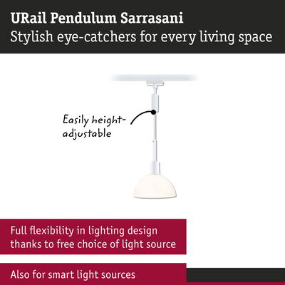 White URail Pendulum Sarrasani pendant light with adjustable height and flexible light source options