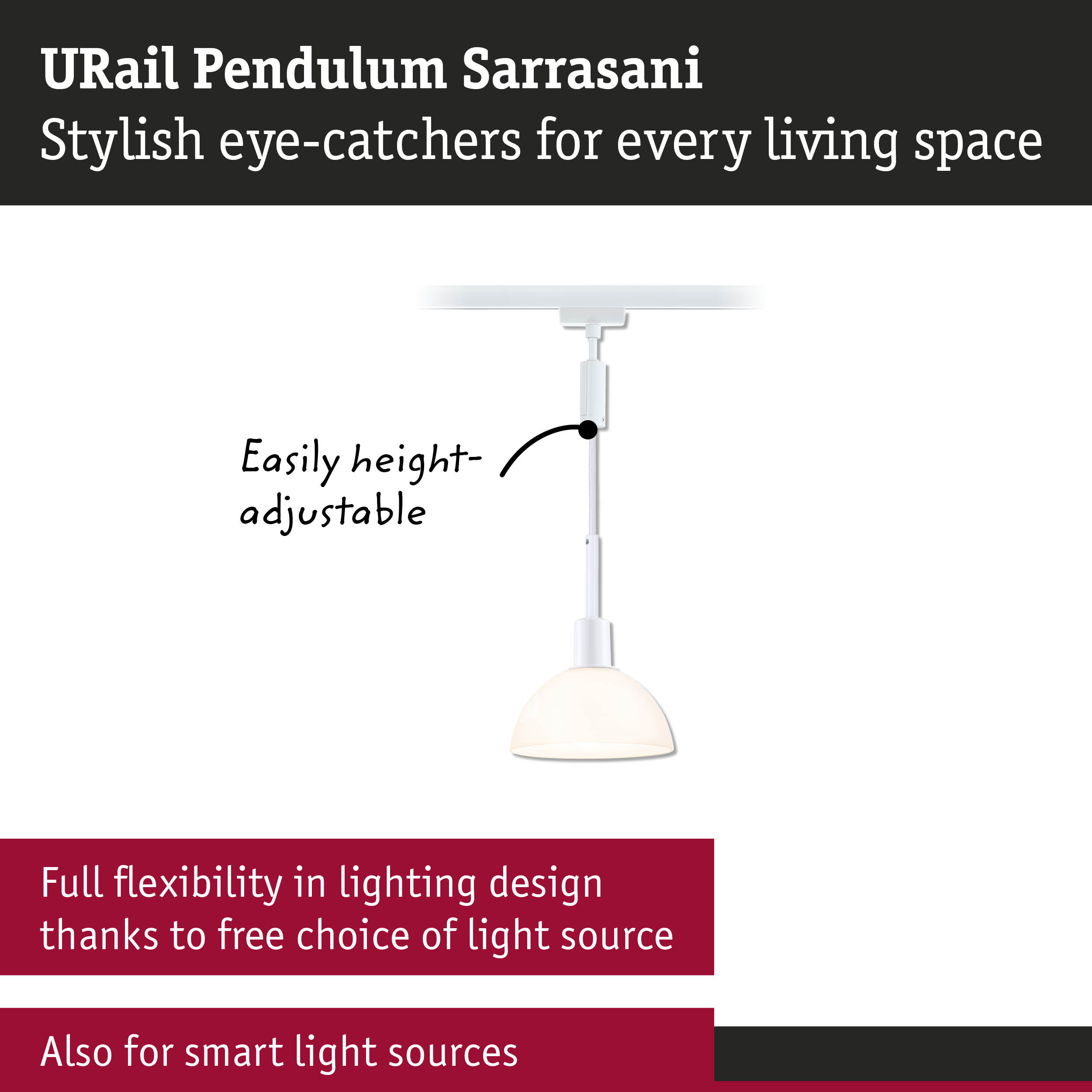 White URail Pendulum Sarrasani pendant lamp with adjustable height and flexible lighting design