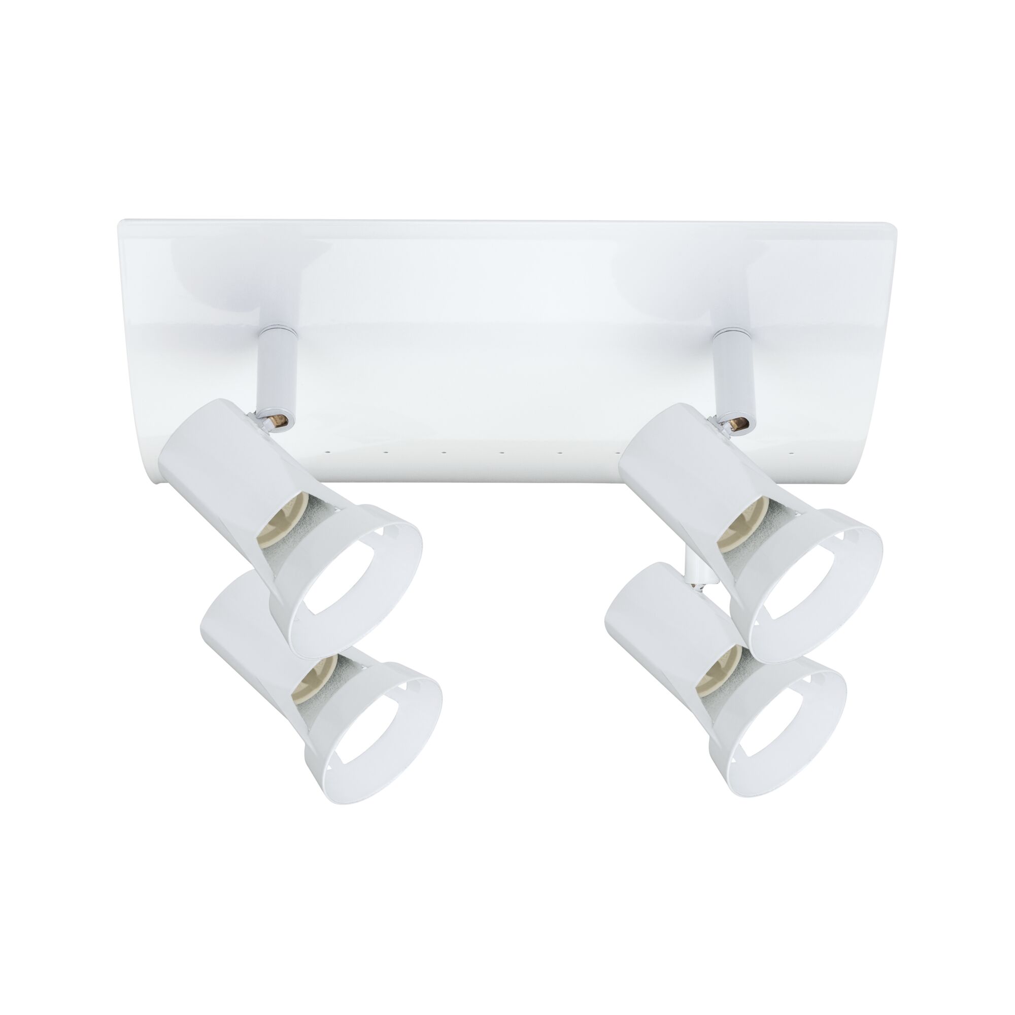 Plafonnier blanc avec quatre spots métalliques réglables pour un éclairage moderne