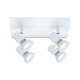 Plafonnier blanc avec quatre spots métalliques réglables pour un éclairage moderne