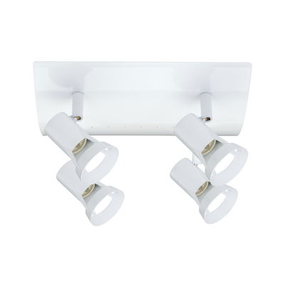 Plafonnier blanc avec quatre spots métalliques réglables pour un éclairage moderne