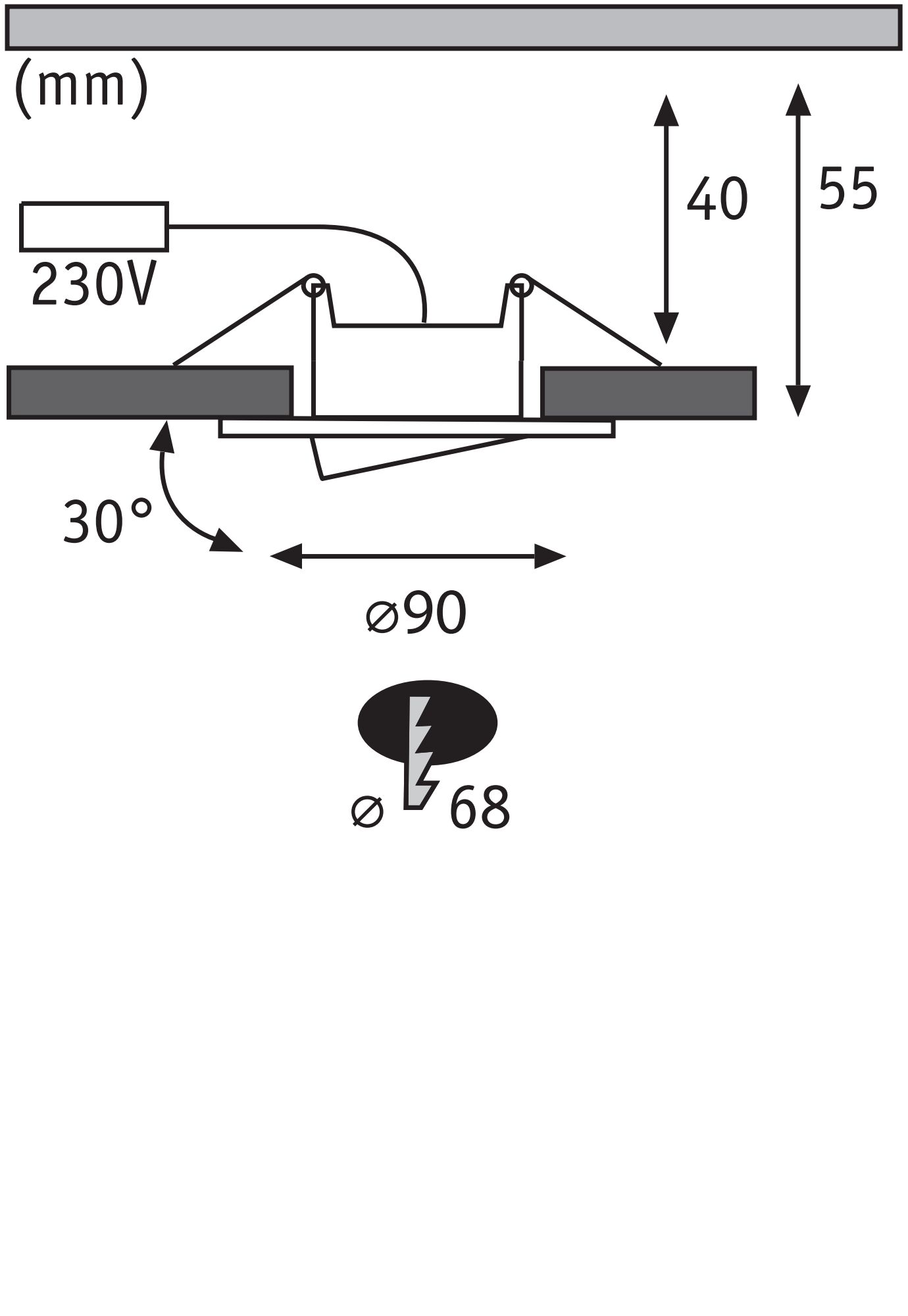 Technical drawing of recessed spotlight with 90 mm diameter, 30° tilt, and 230V power connection
