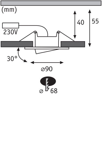 Technical drawing of recessed spotlight with 90 mm diameter, 30° tilt, and 230V power connection