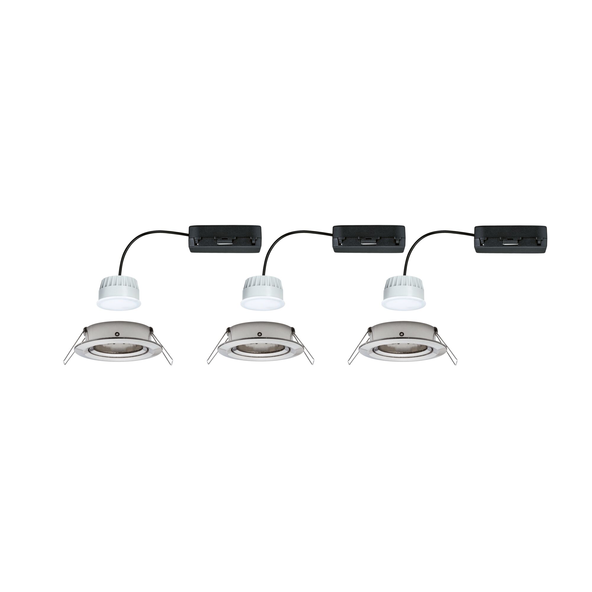 Three white LED recessed spotlights with silver metal frame and black power box for modern lighting solutions