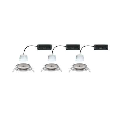 Three white LED recessed spotlights with silver metal frame and black power box for modern lighting solutions