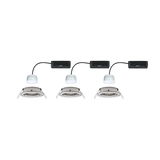 Three white LED recessed spotlights with silver metal frame and black power box for modern lighting solutions
