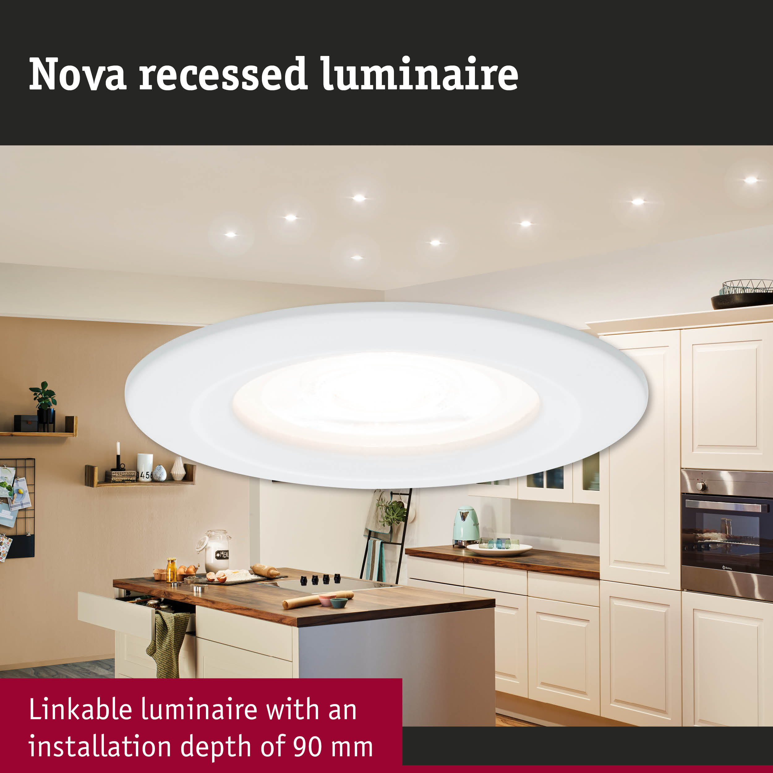 Nova recessed luminaire in white with 90 mm installation depth for modern kitchen lighting