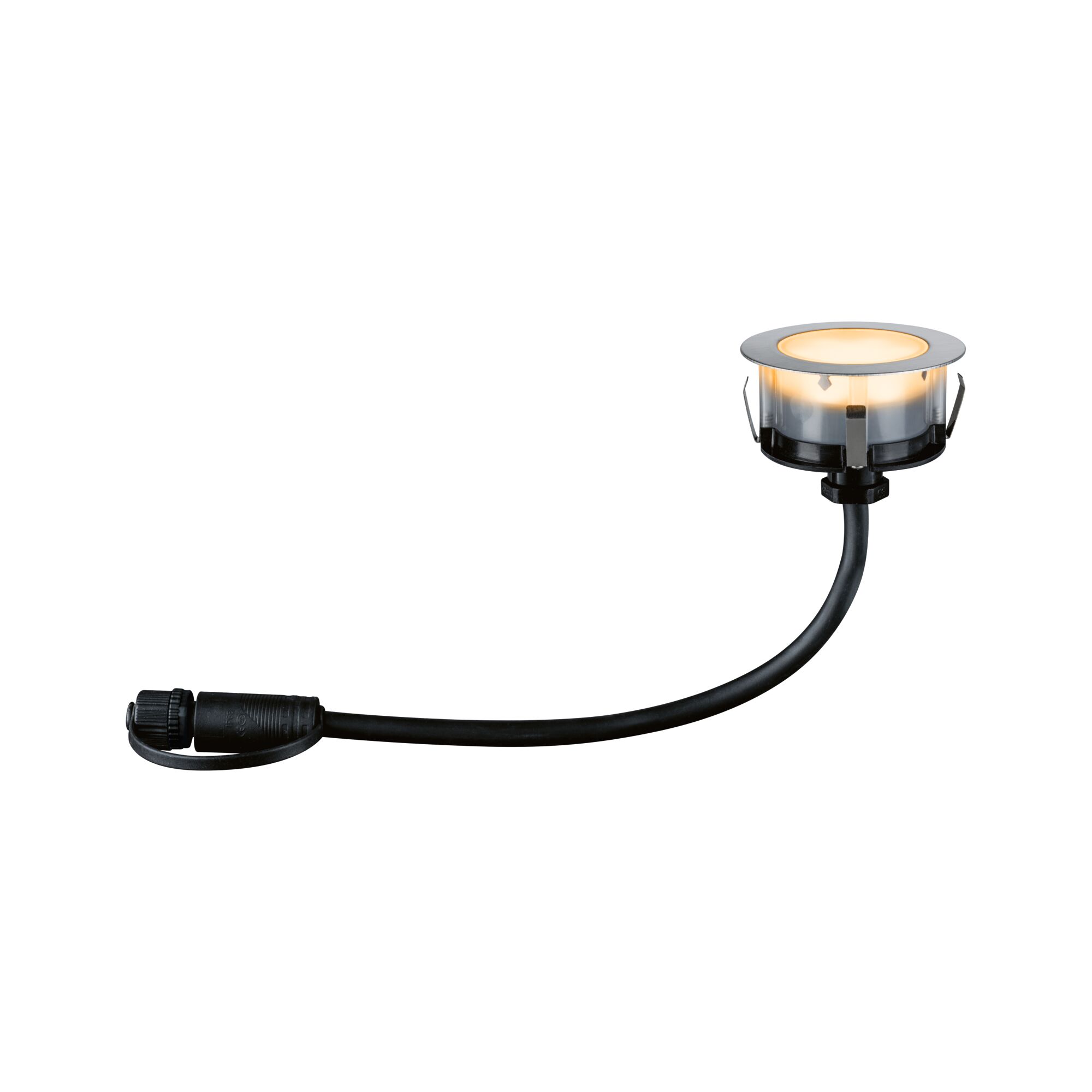 Round metal LED recessed light module with warm white light and black power cable connector