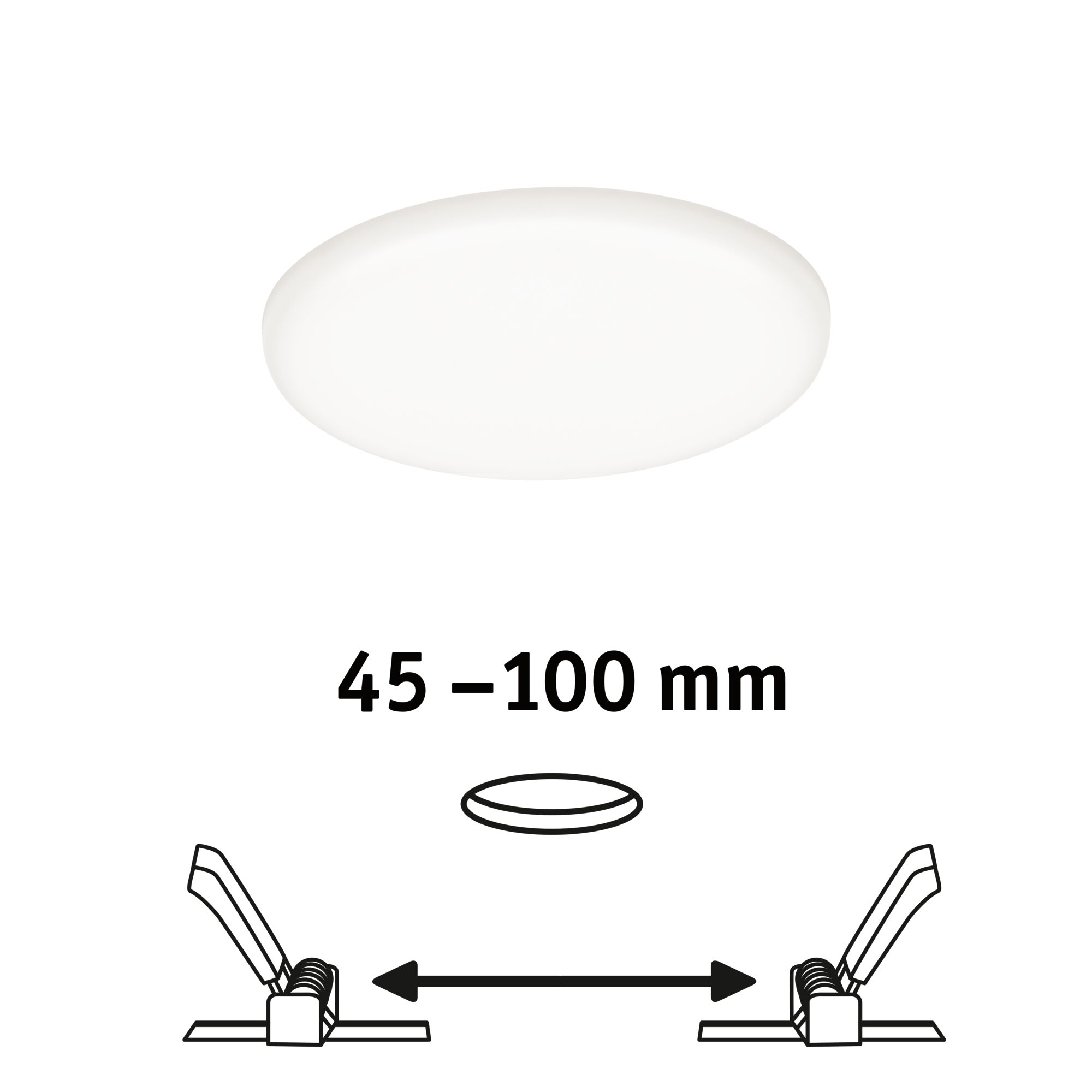 Round white LED panel with adjustable installation size from 45 to 100 mm for ceiling mounting