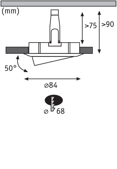 Technical drawing of recessed spotlight with 84 mm diameter and 50° tilt, dimensions in mm.