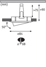Schéma technique d'un spot encastré de 84 mm de diamètre et inclinaison de 50°, dimensions en mm.