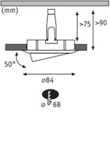 Schéma technique d'un spot encastré de 84 mm de diamètre et inclinaison de 50°, dimensions en mm.