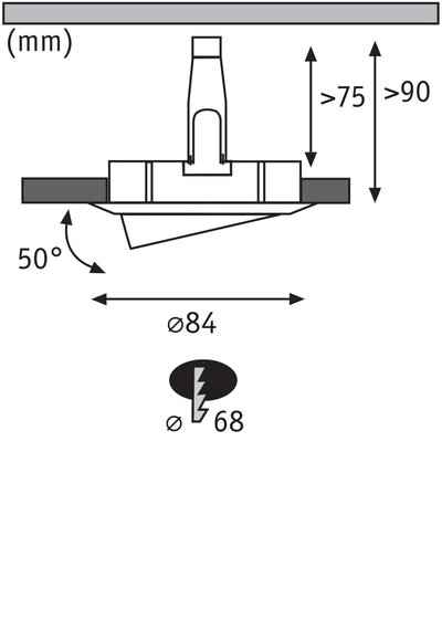 Schéma technique d'un spot encastré de 84 mm de diamètre et inclinaison de 50°, dimensions en mm.