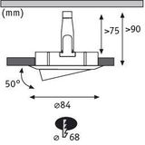 Schéma technique d'un spot encastré de 84 mm de diamètre et inclinaison de 50°, dimensions en mm.