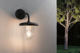 Black outdoor wall lamp with clear glass and warm white light for garden lighting