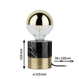 Modern table lamp with black marble base and gold LED bulb, 120 mm height, 110 mm diameter
