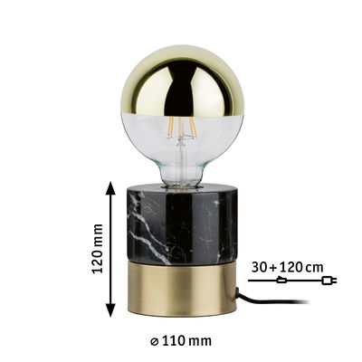 Lampe de table moderne avec base en marbre noir et ampoule LED dorée, hauteur 120 mm, diamètre 110 mm