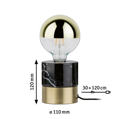 Moderne Tischlampe mit schwarzem Marmorfuß und goldener LED-Glühbirne, 120 mm hoch, 110 mm Durchmesser