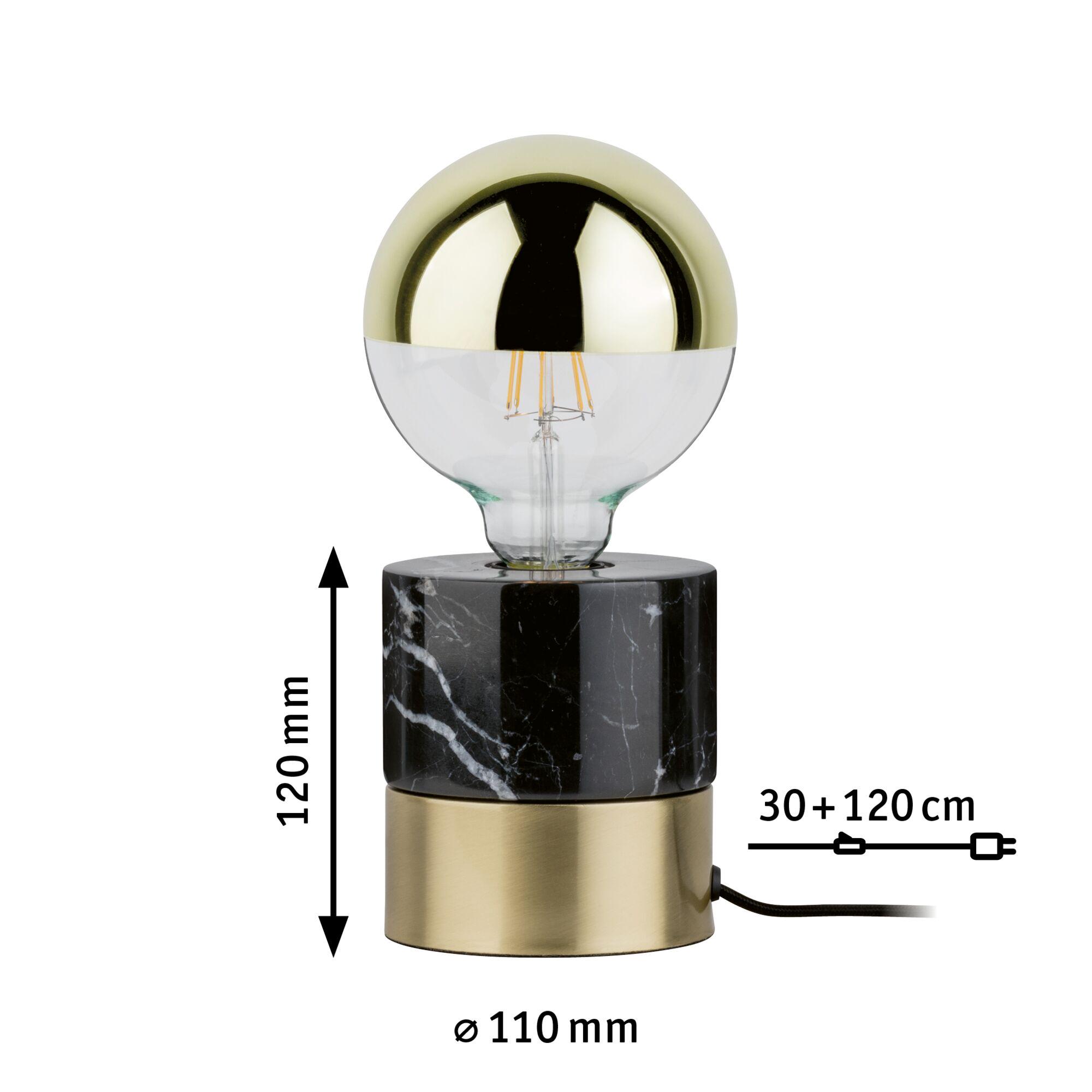 Modern table lamp with black marble base and gold metal housing, LED bulb with gold cap