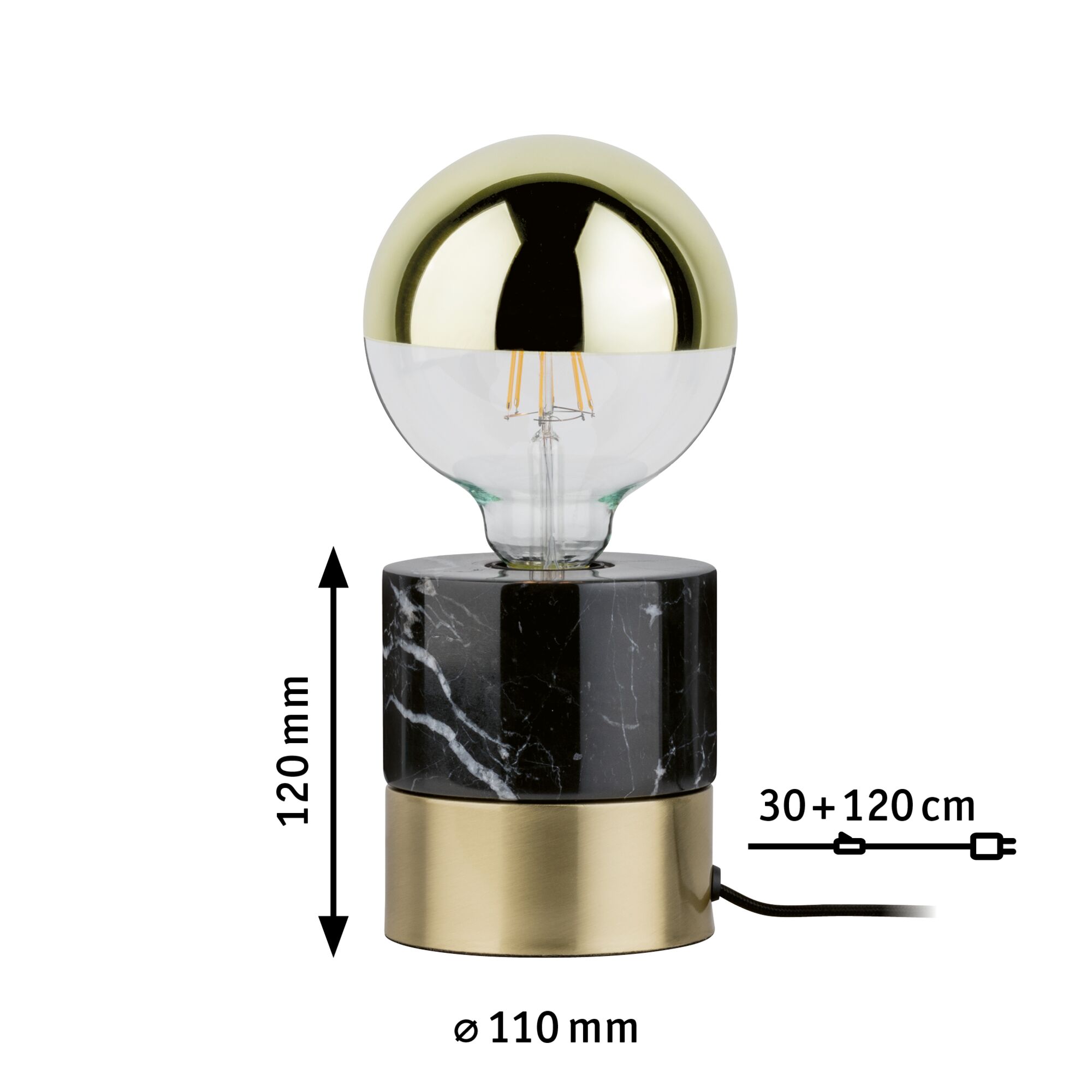 Modern table lamp with black marble base and gold metal housing, LED bulb with gold cap