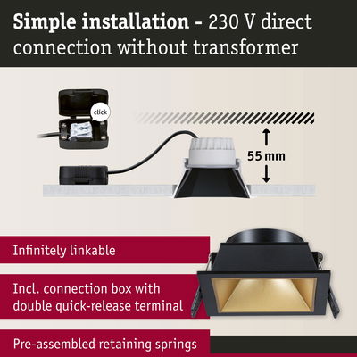 Black recessed spotlight with gold reflector and 55 mm installation depth, including connection box