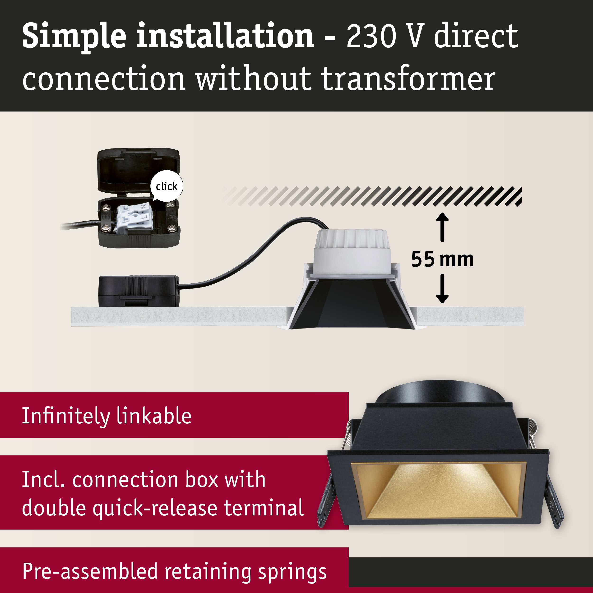 Black square recessed LED spotlight with gold reflector and 55 mm installation depth, downlight fitting