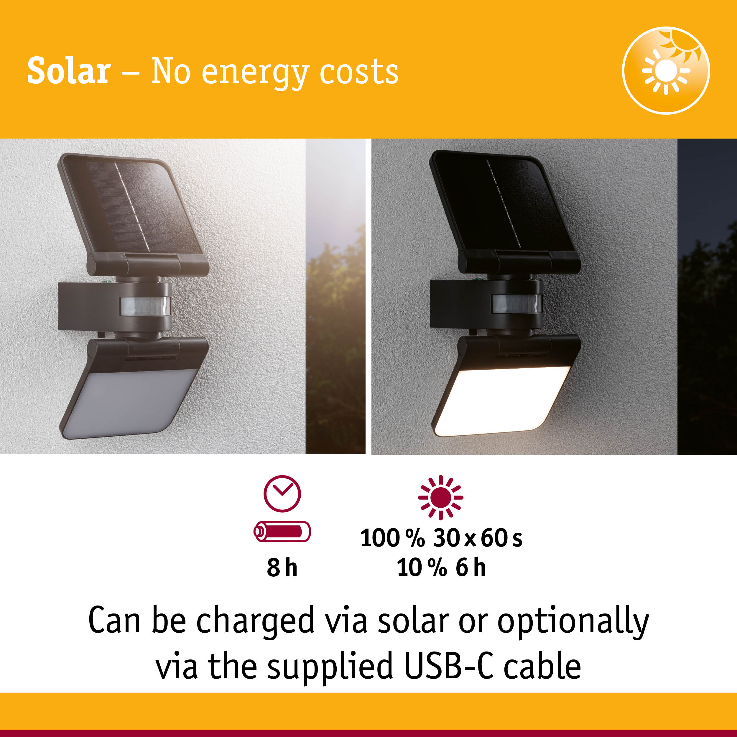 Black solar outdoor wall light with motion sensor shown in day and night views, energy-saving lighting