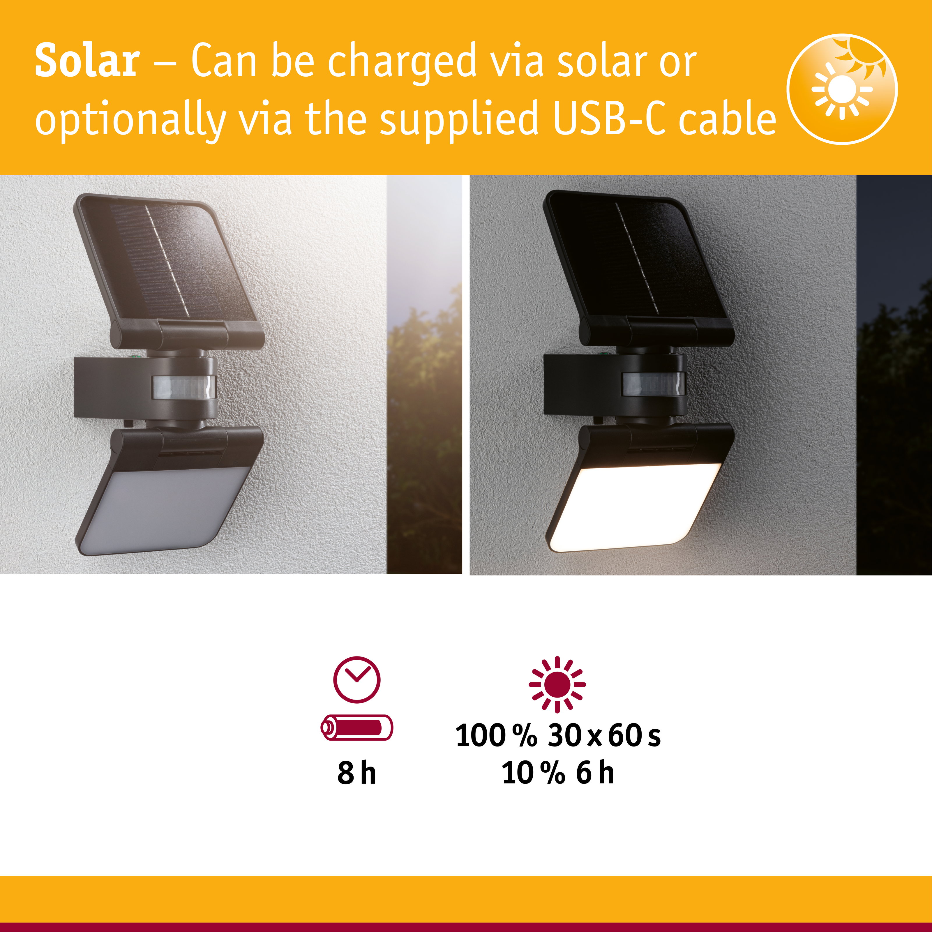 Black solar outdoor wall light with motion sensor shown in day and night views, energy-saving lighting