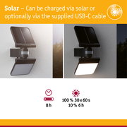 Black solar outdoor wall light with motion sensor shown in day and night views, energy-saving lighting