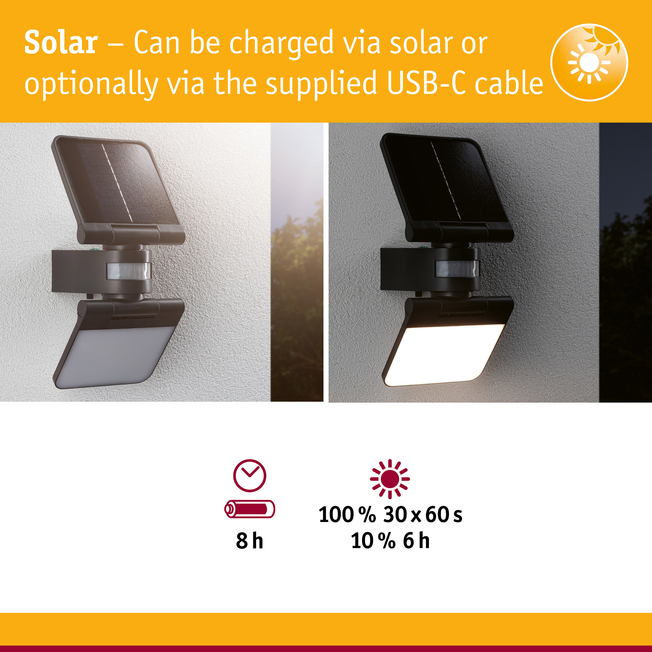 Black solar outdoor wall light with motion sensor shown in day and night views, energy-saving lighting