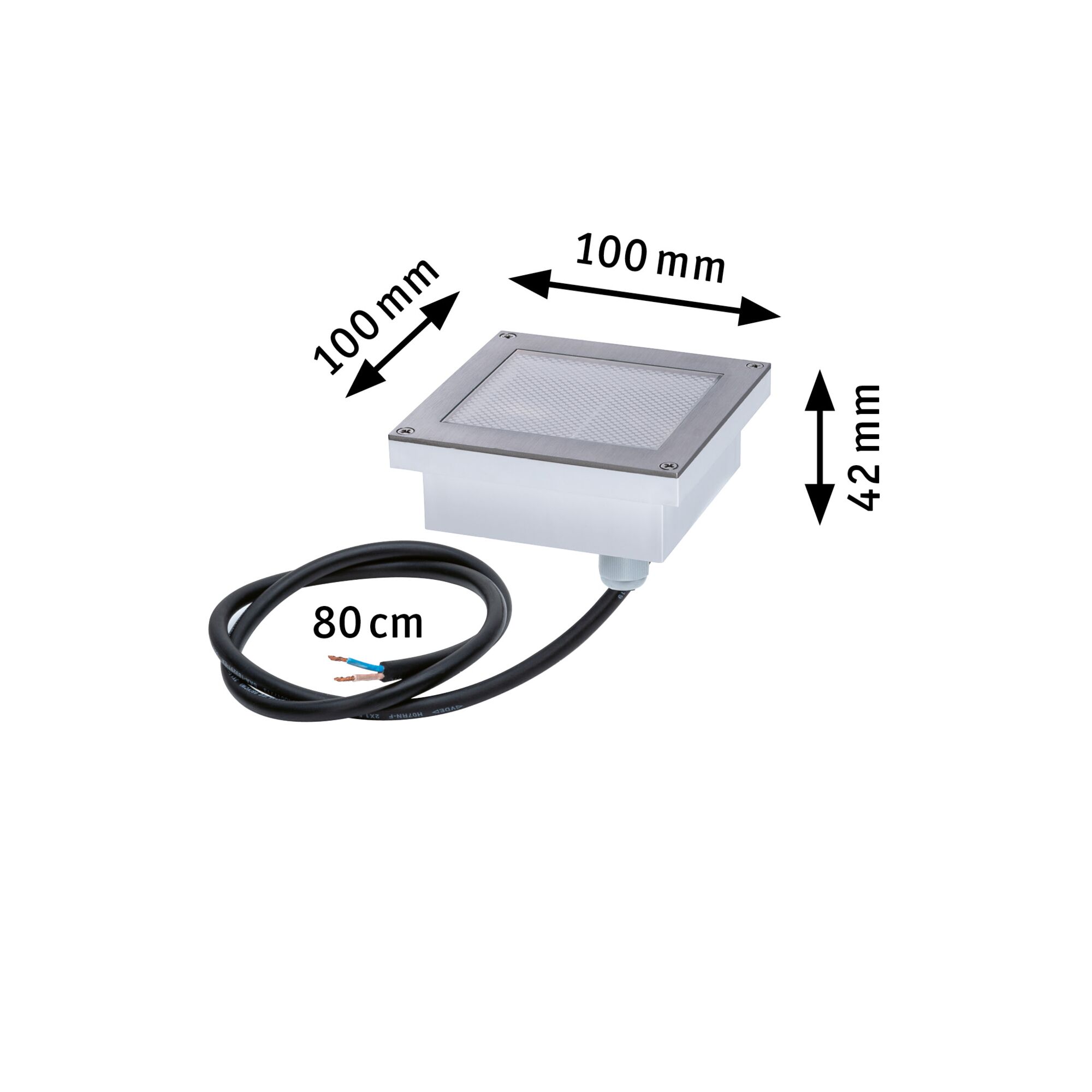 Quadratischer Edelstahl-Einbaustrahler mit 100 mm Kantenlänge und 80 cm Kabel für Außenbeleuchtung
