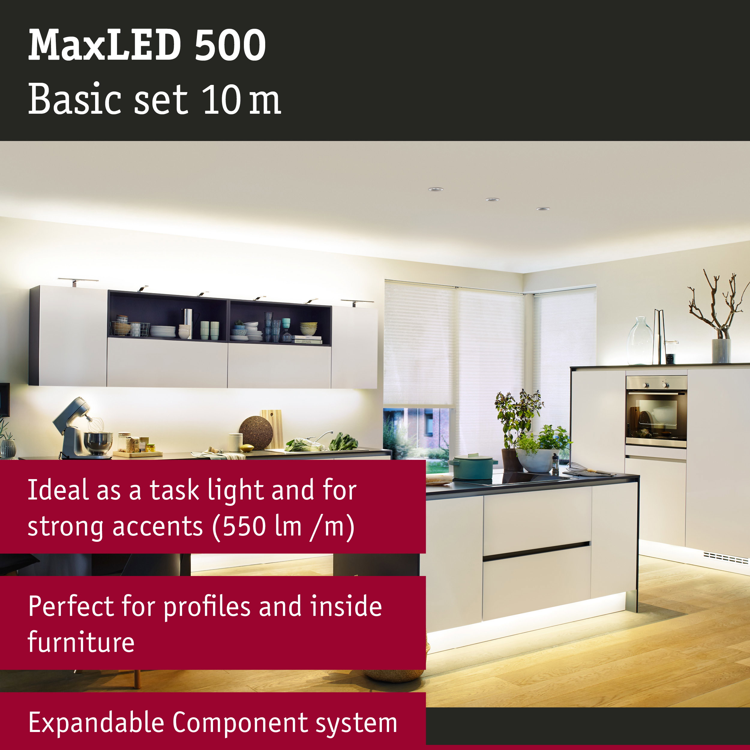 Modern kitchen featuring white MaxLED 500 LED lighting system, perfect for task lighting and accents