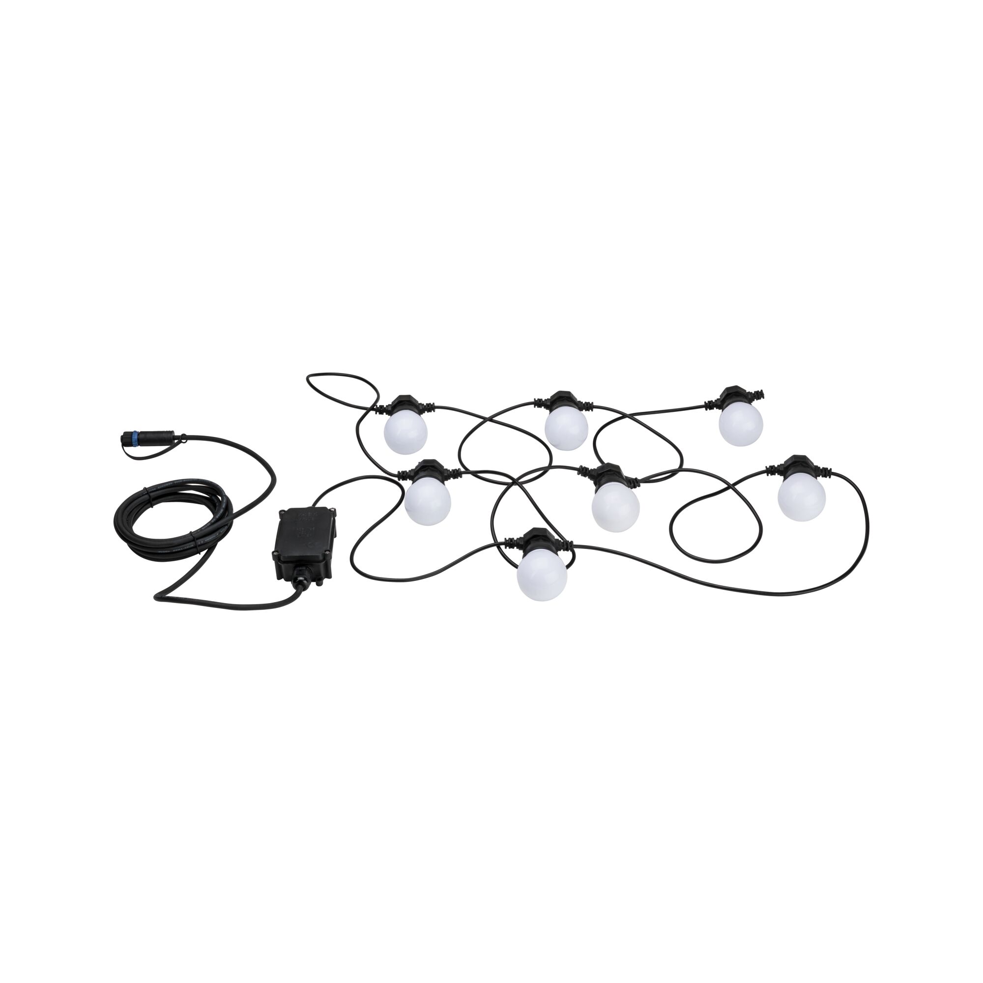 Black LED string lights with eight white globe bulbs and cable for outdoor lighting use.