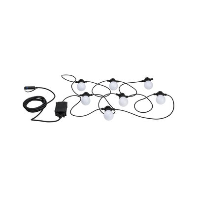 Black string lights with eight white globe bulbs and long cable for outdoor lighting and decoration