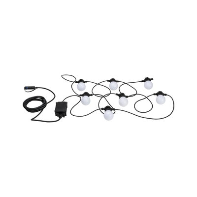 Schwarze Lichterkette mit acht weißen Kugellampen und langem Kabel für Außenbeleuchtung und Dekoration