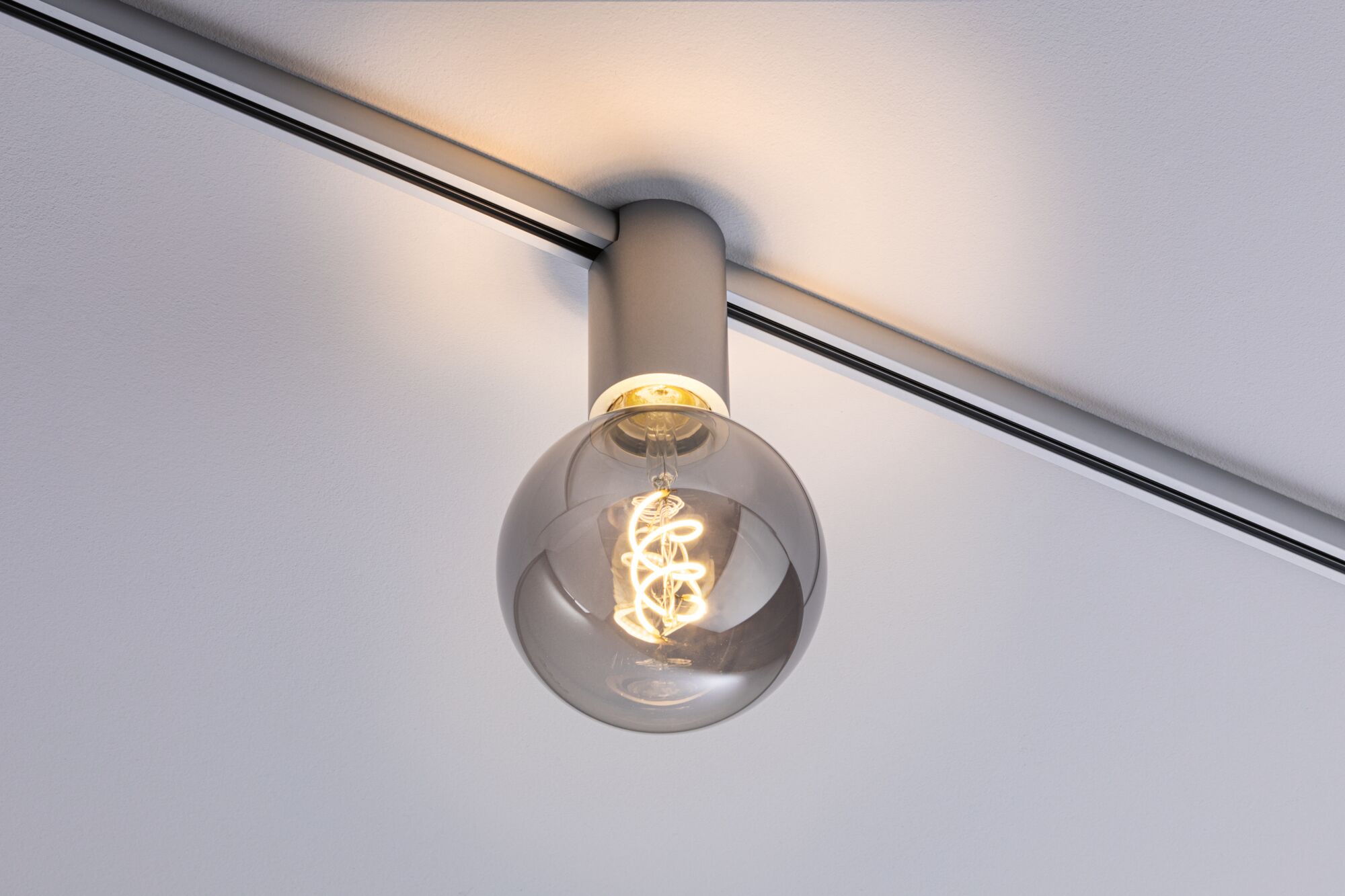 Modern ceiling light with smoked glass globe and visible LED filament on track system