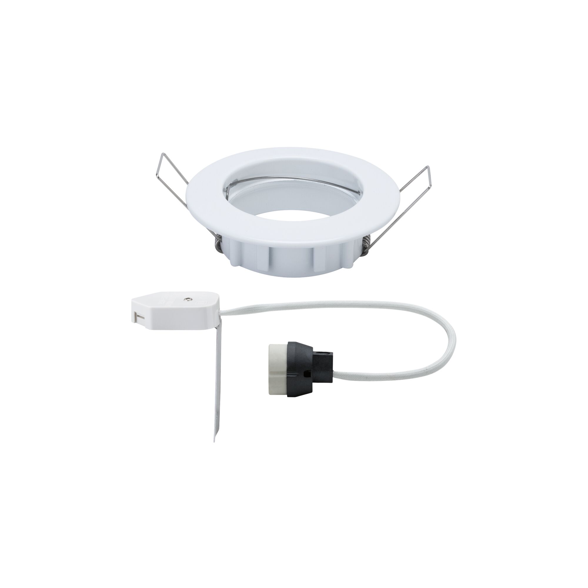 Witte kunststof inbouwspot met veerclips en kabelconnector voor LED-verlichting