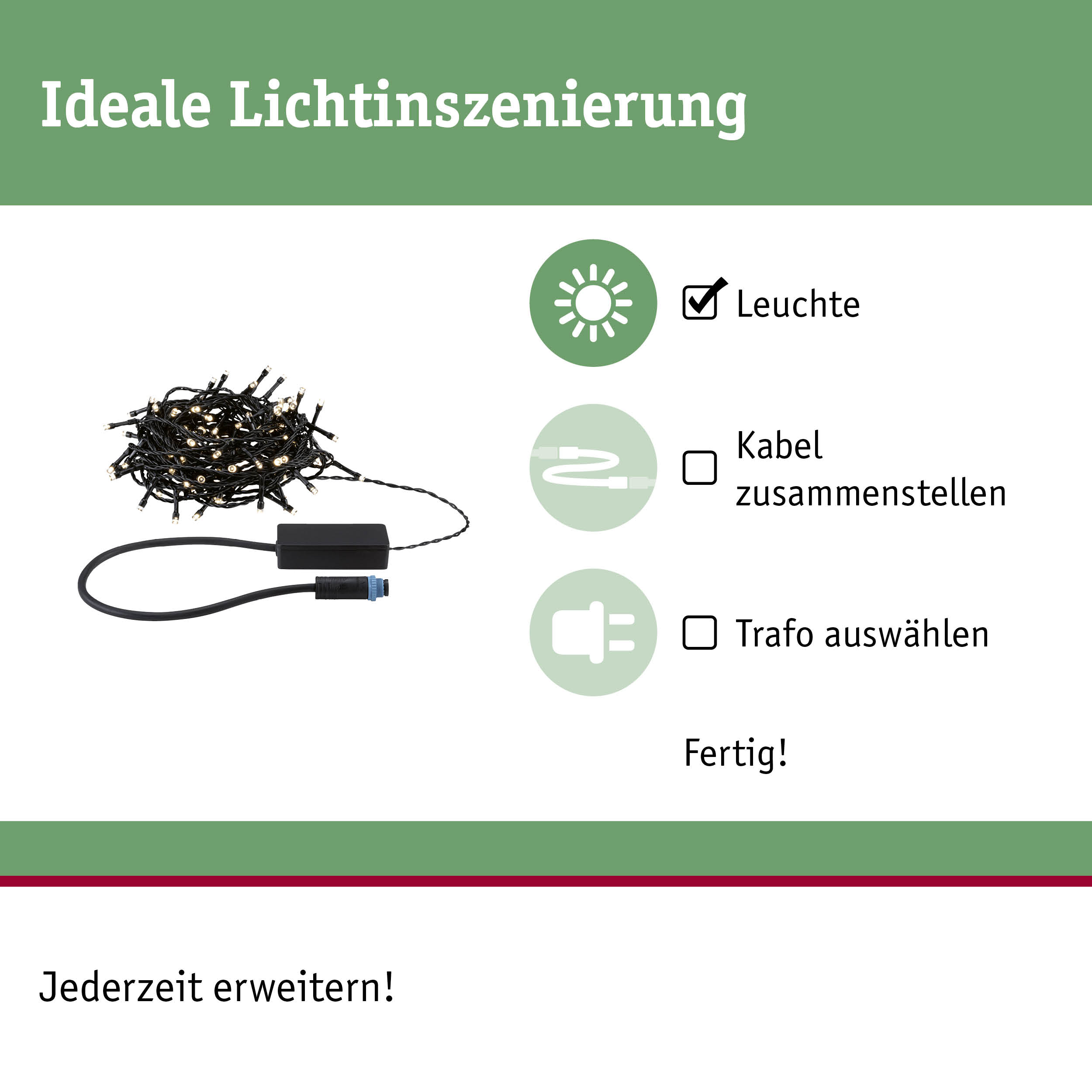 Schwarze LED-Lichterkette mit Stecker und Steuergerät für flexible Lichtgestaltung im Innen- und Außenbereich