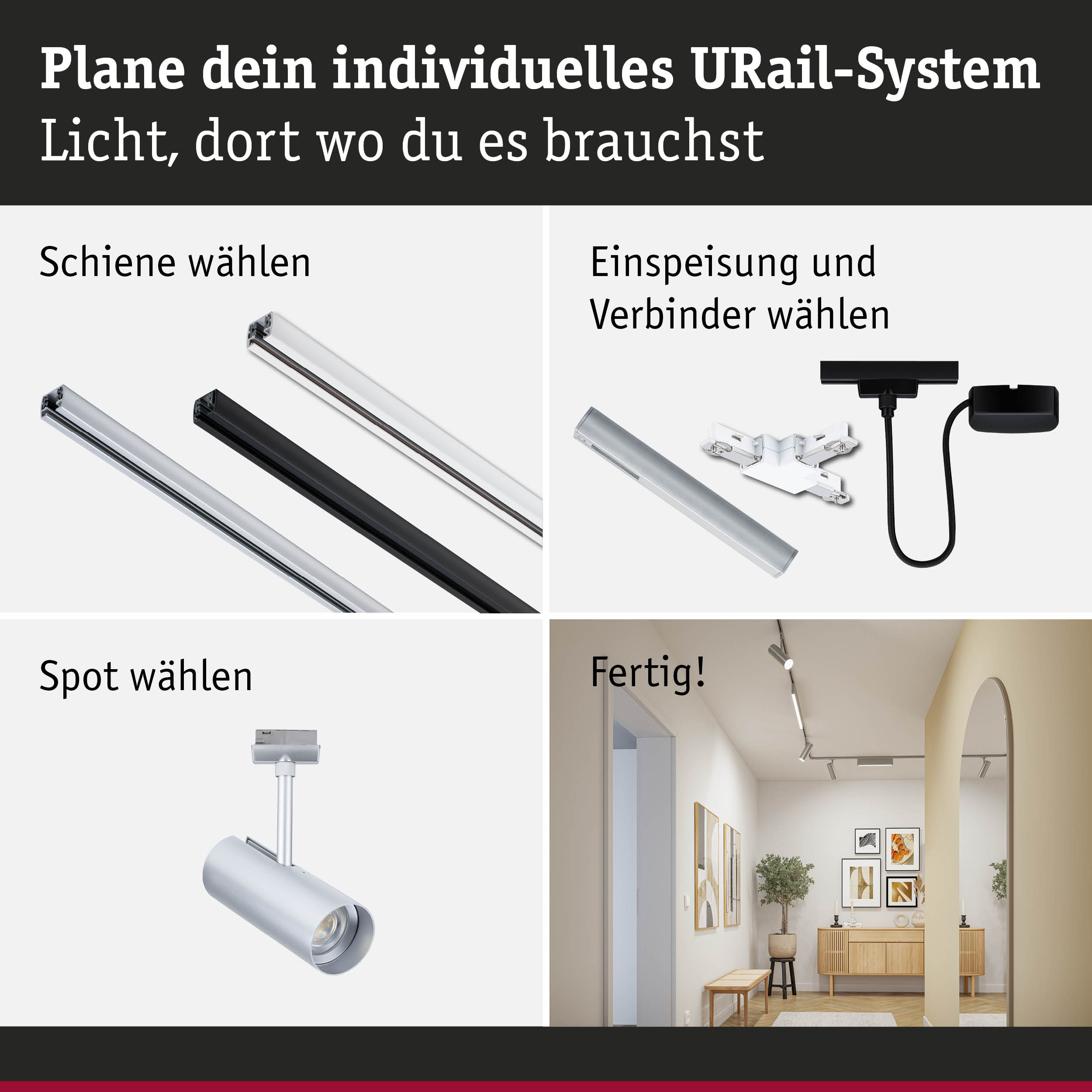 Modulares URail-Schienensystem in Schwarz und Weiß mit Spots für individuelle LED-Beleuchtung.