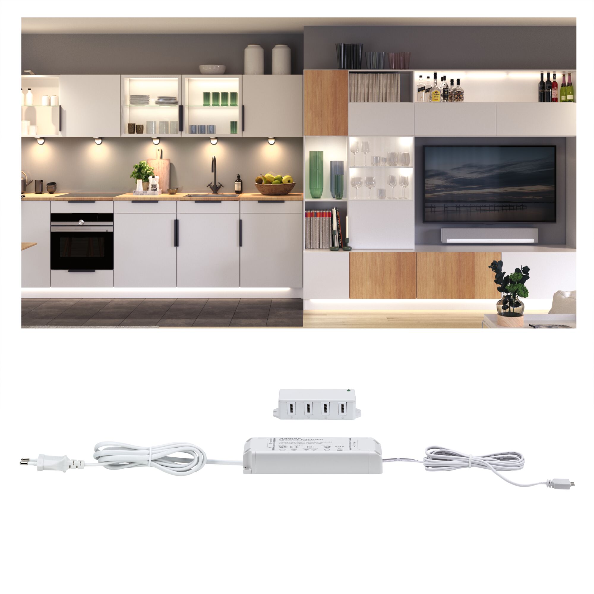 Weißes LED-Trafo-Set mit Anschlusskabel für Küchen- und Wohnraumbeleuchtung, energiesparend