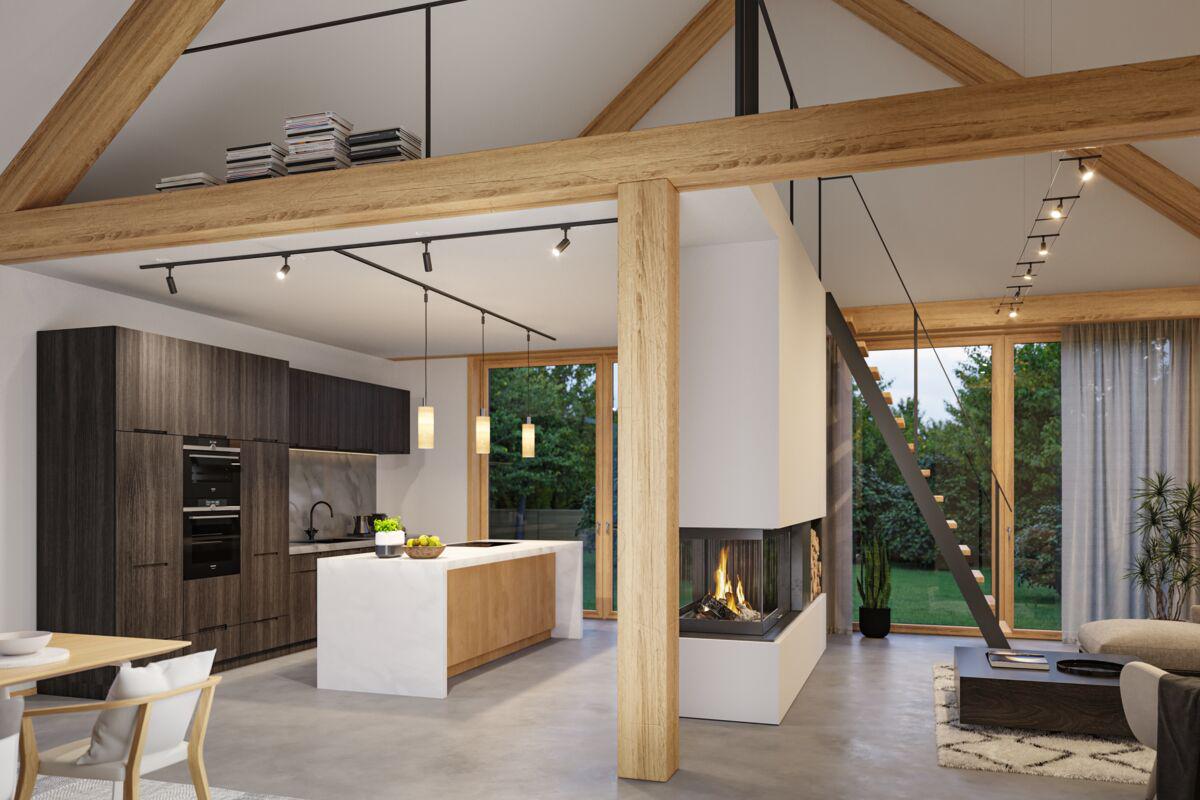Cuisine moderne avec poutres en bois et éclairage sur rail URail noir pour un design lumineux flexible.