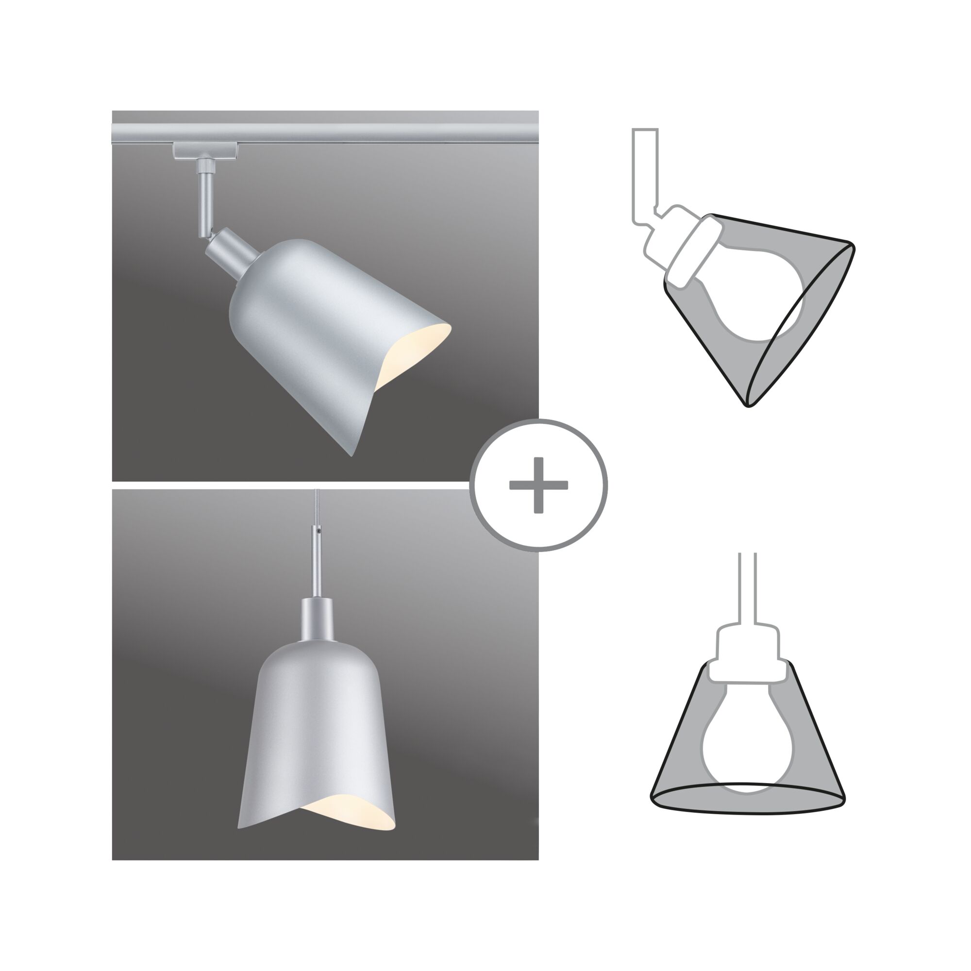 Deux lampes en aluminium argenté avec abat-jour asymétrique, plafonnier et suspension pour intérieurs modernes
