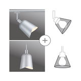 Deux lampes en aluminium argenté avec abat-jour asymétrique, plafonnier et suspension pour intérieurs modernes