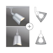 Two silver aluminum lights with asymmetrical shades as ceiling and pendant lamps for modern interiors