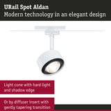 White URail Spot Aldan LED spotlight with modern design and hard light cone for accent lighting