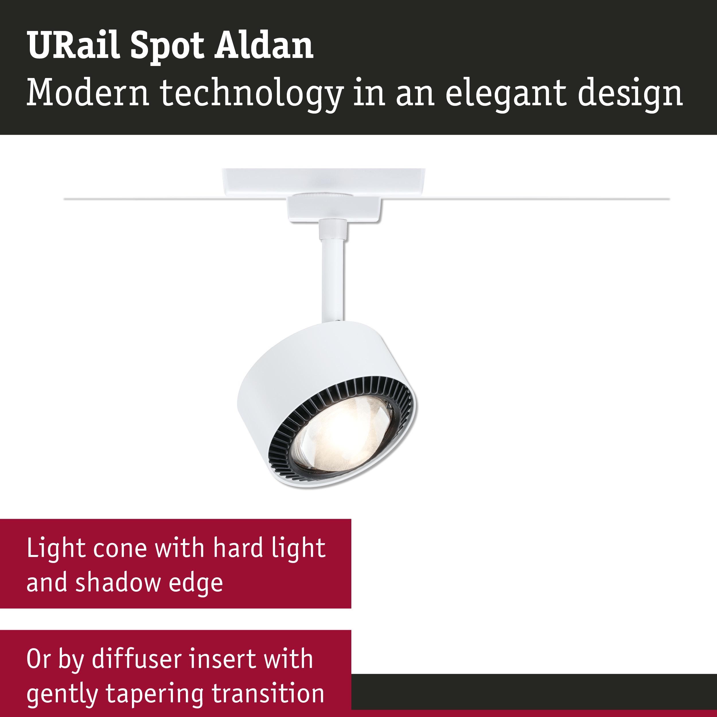 White URail Spot Aldan LED spotlight with modern design and hard light cone for accent lighting