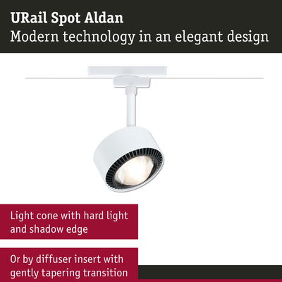 White URail Spot Aldan LED spotlight with modern design and hard light cone for accent lighting