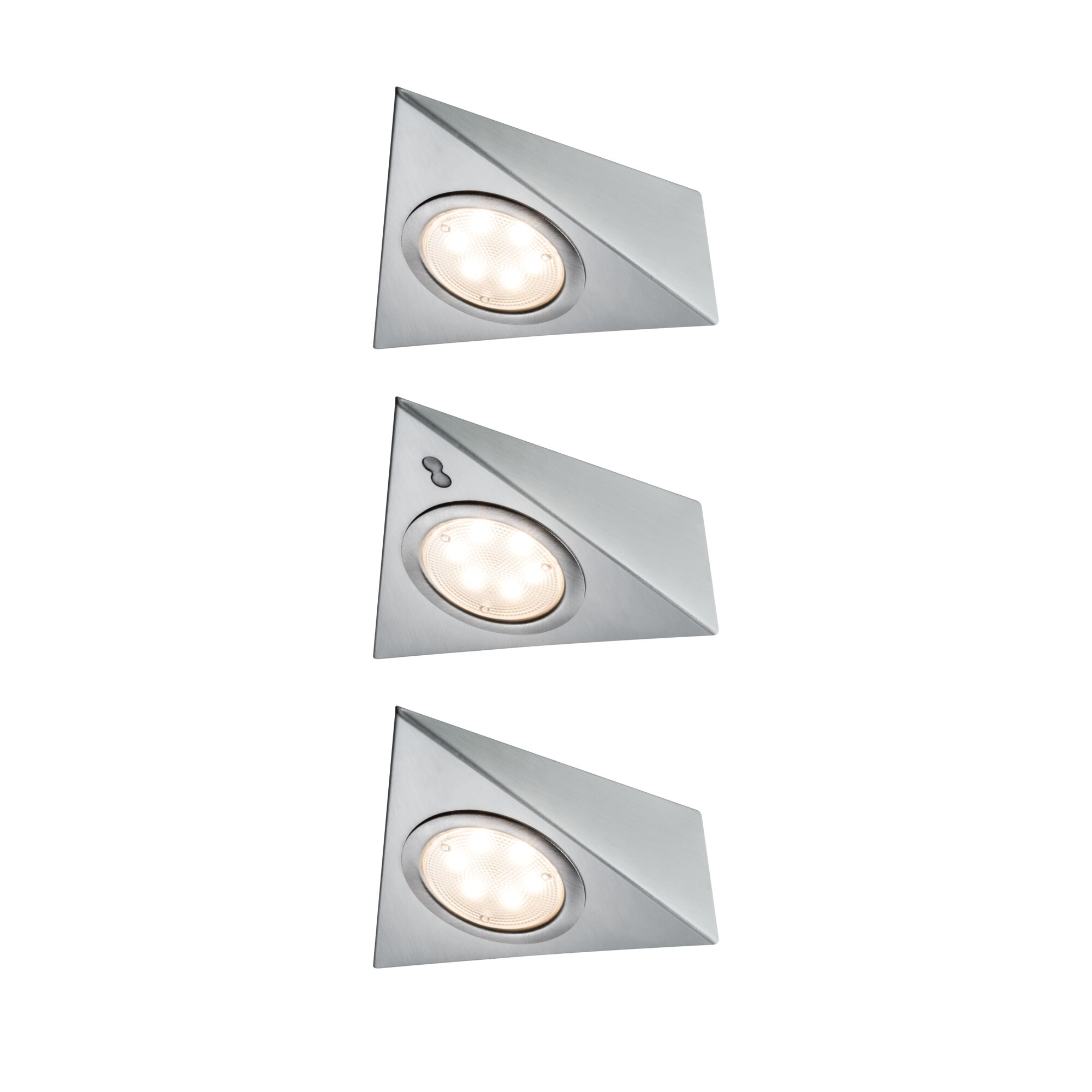 Drei dreieckige LED-Einbauleuchten aus gebürstetem Edelstahl mit warmweißem Licht für Akzentbeleuchtung