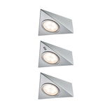 Drei dreieckige LED-Einbauleuchten aus gebürstetem Edelstahl mit warmweißem Licht für Akzentbeleuchtung